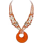 Coiris Shell Pendant Statement Strand Necklace for Women Boho Multi Beads Natural Stone Colorful Necklace Bohemian Handmade Chunky Shell Beaded Collar Jewelry for Women