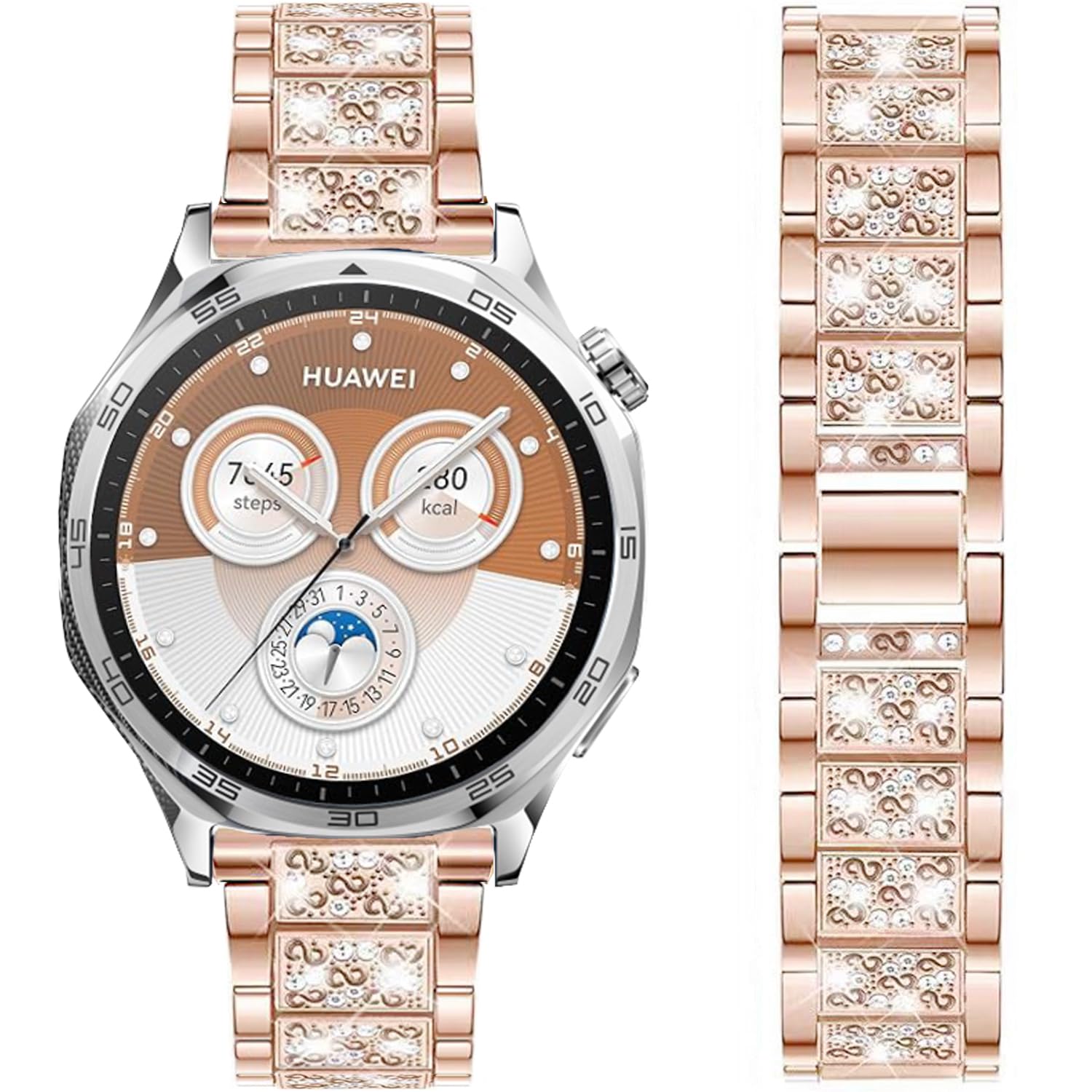 DEALELE Strap Compatible with Samsung Galaxy Watch 46mm / Galaxy 3 45mm / Huawei Watch 5/5 Pro / 4/4 Pro / 3/3 Pro / GT4 / GT3 / GT2 46mm, 22mm Bling Dimaond Metal Replacement Bands, Rosegold