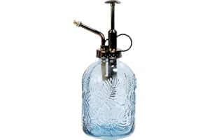 SDlumeiy 11.8 Ounce Glass Plant Spray Bottle, Glass Leaf Print One Handed Watering Can with Antique Brass Plastic One Handed Top Pump, 7.6 Inch Tall Indoor and Outdoor Plant Small Spray Bottle (Blue)