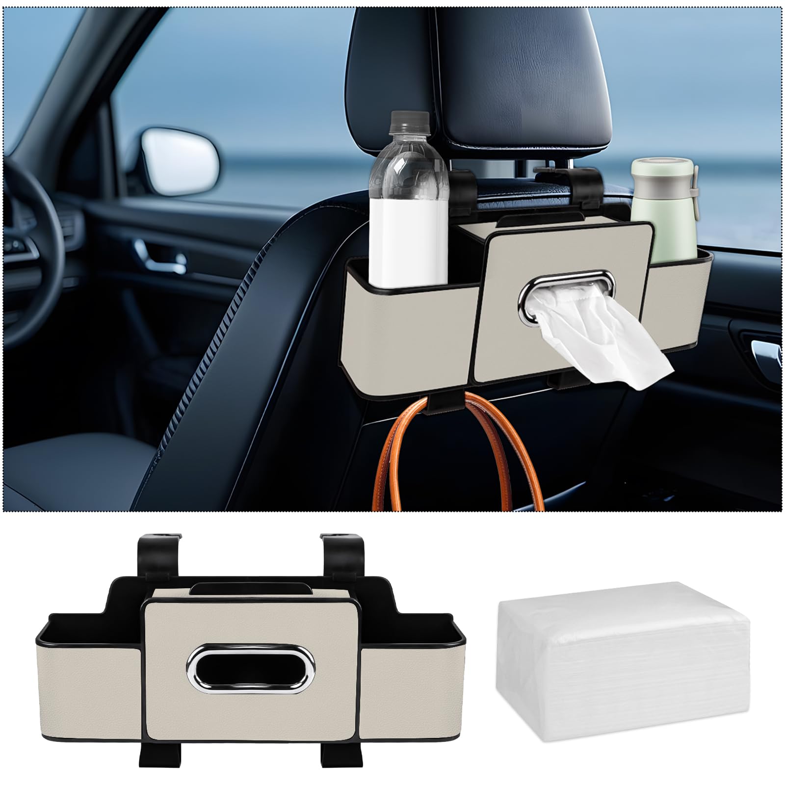 Photo 1 of ***Missing hanger***
toresper Car Back Seat Organizer with Tissue, Car Seat Back Tissue Box and Storage Hook, Multifunctional Car Organizer for Hold Phone,Drinks,Handbag,Compatible with Most Vehicles (Beige)