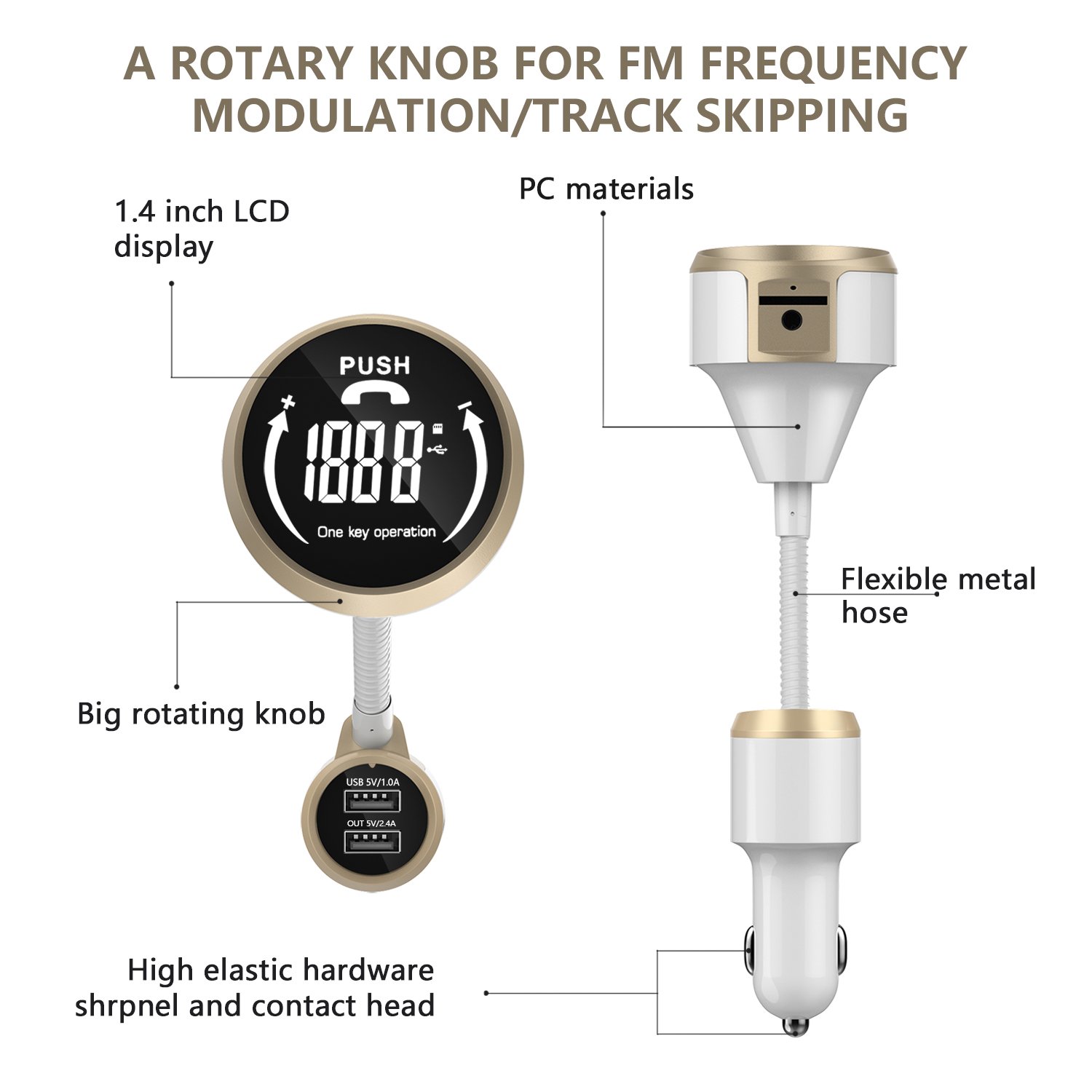 Car Bluetooth FM Transmitter, Simr Wireless Radio Adapter [One-Key Design] In-Car Hands-free Car Kit, Dual USB Car Charger, 12V 1.4 inch LCD Display AUX Output, Support TF Card U Disk Audio MP3 Player