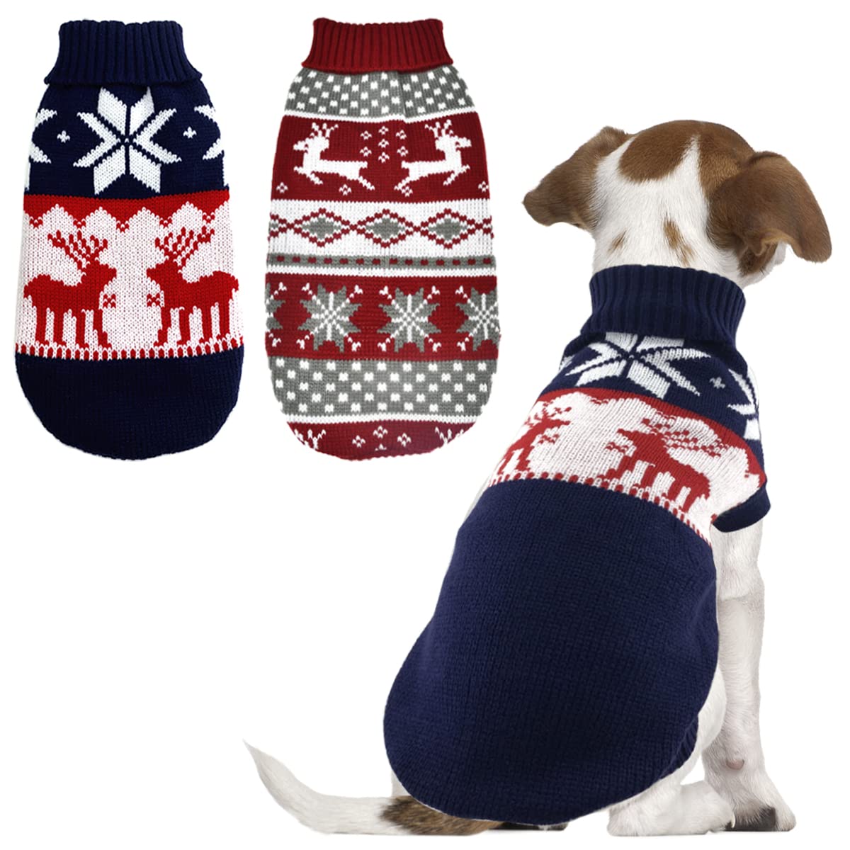 Vehomy 2Pcs Pet Puppy Christmas Jumpers Cat Sweater Kitten Knitwear Dog Xmas Clothes Navy Blue and Christmas Red Sweaters with Reindeers Snowflakes Pattern for Kitten Cat Puppy Dog XL