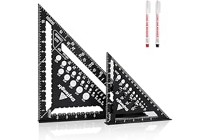 Dajianglx Carpenter Square 7 and 12 Inch Set, Aluminum Rafter Square Framing Suqare Double Scale Triangle Ruler, Protractor Measuring Hole for Woodworking and Carpentry Layout Tool Black with 2 Pencil