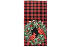 Pfrewn Red Buffalo Plaid Cardinal Hand Towels for Bathroom Winter Christmas Bird Holly Berry Wreath Kitchen Dish Hanging Towels Multipurpose for Shower Guest Towel Xmas Holiday Decor 16x30 in