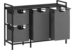 Yifeel Laundry Hamper with shelf, Laundry Basket 3 Section, Laundry room organization, Laundry Sorter with Pull-out 4 clothes bags(All 148L), Bedroom, Bathroom and Dorm, Black and Gray JLH002BG