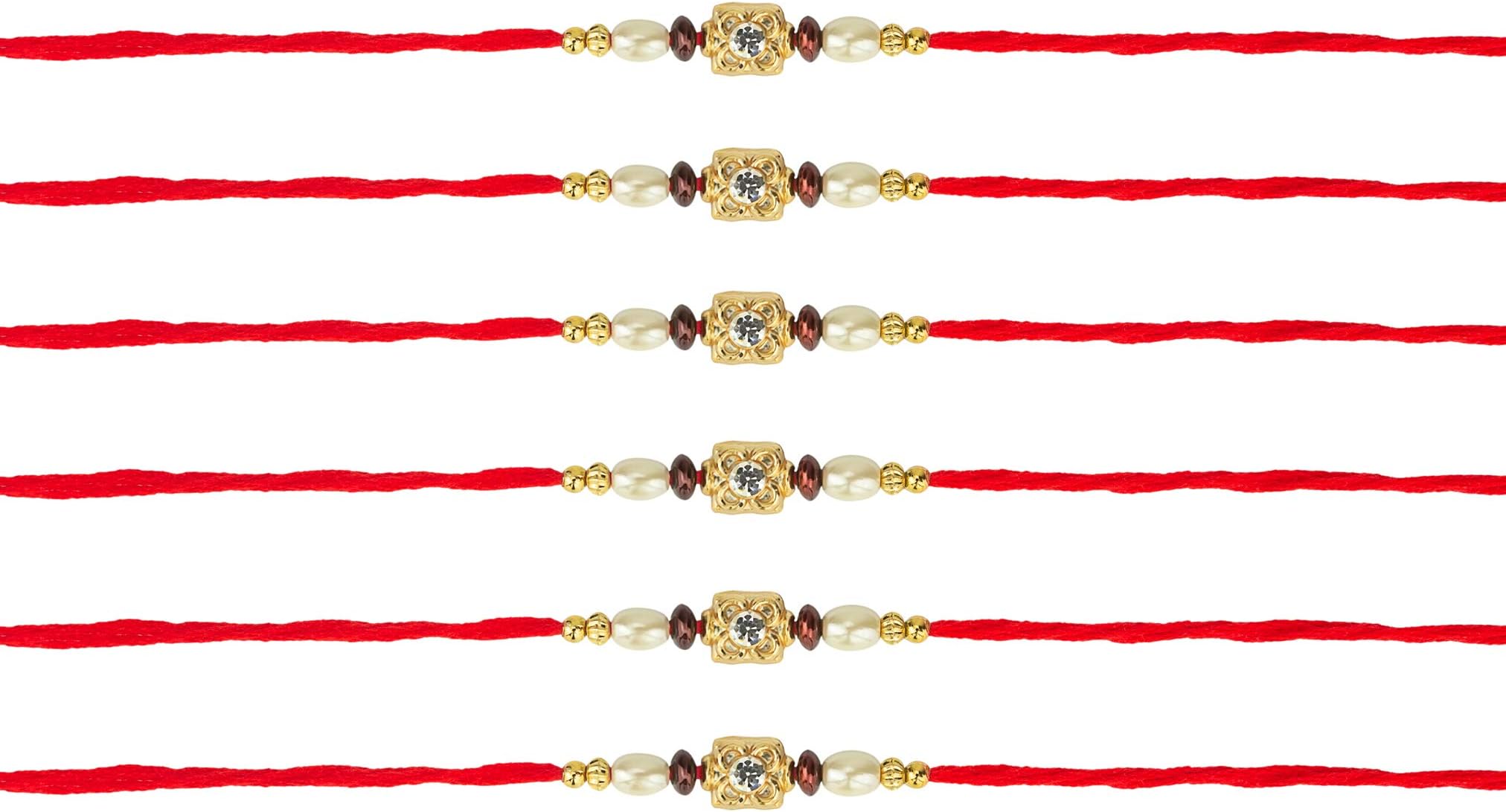 Rakhi Bracelet for Brother and Raksha Bandhan Festival Set of 6 with Red Thread and Red Gold Details with a Diamante Centre on Delicate Beads
