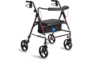 Medline Large Steel Bariatric Rollator Walker with Adjustable Handles, Padded Seat & Backrest, Burgundy, 500 lb. Weight Capacity, Foldable, Under Seat Storage, 8" Wheels, For Seniors & Adults