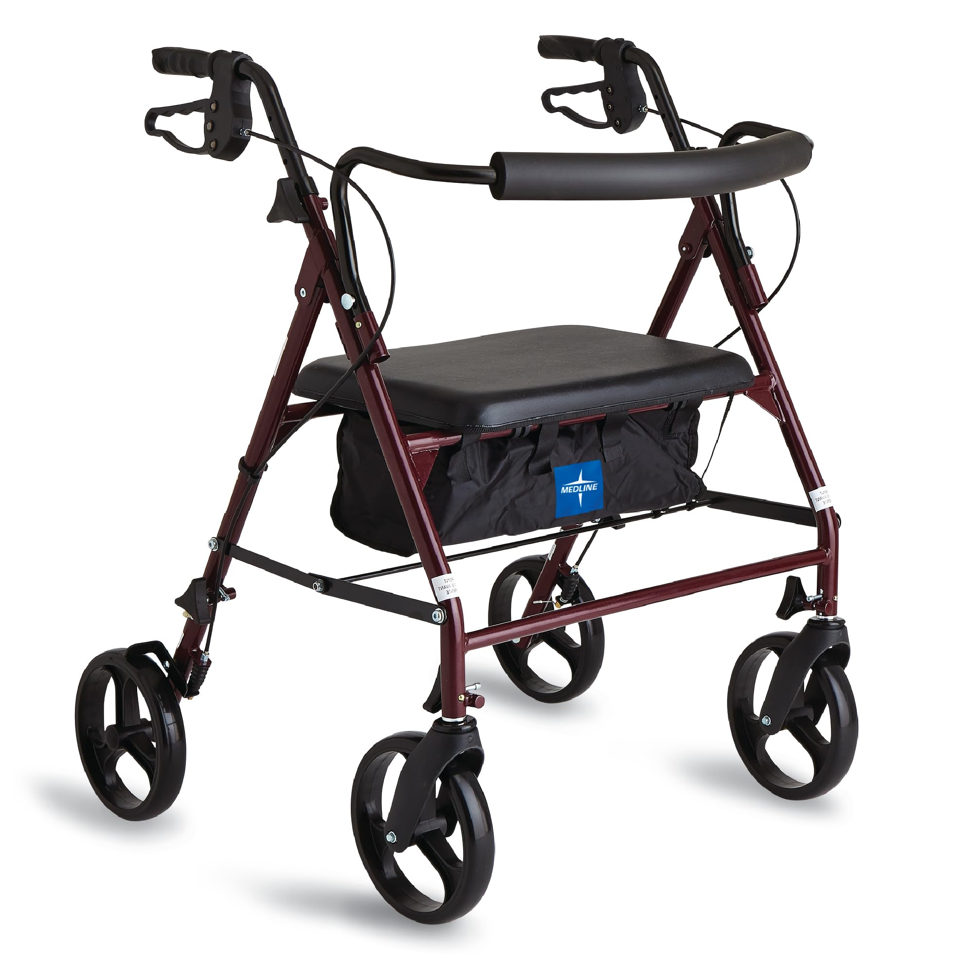 Medline Large Steel Bariatric Rollator Walker with Adjustable Handles, Padded Seat & Backrest, Burgundy, 500 lb. Weight Capacity, Foldable with Storage, 8" Wheels, Rolling Walker For Seniors & Adults Image