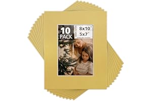 Mat Board Center, Pack of 10, 8x10 for 5x7 Old Gold Color Mats - Bevel Cut, Acid Free, 4-ply Thickness, White Core - for Pict