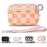 The Iris Wallet for Women,Mini Pouch Wristlet with Zipper Card Case ID Window, Waterproof Nylon Keychain Wallet (Orange Checkered)