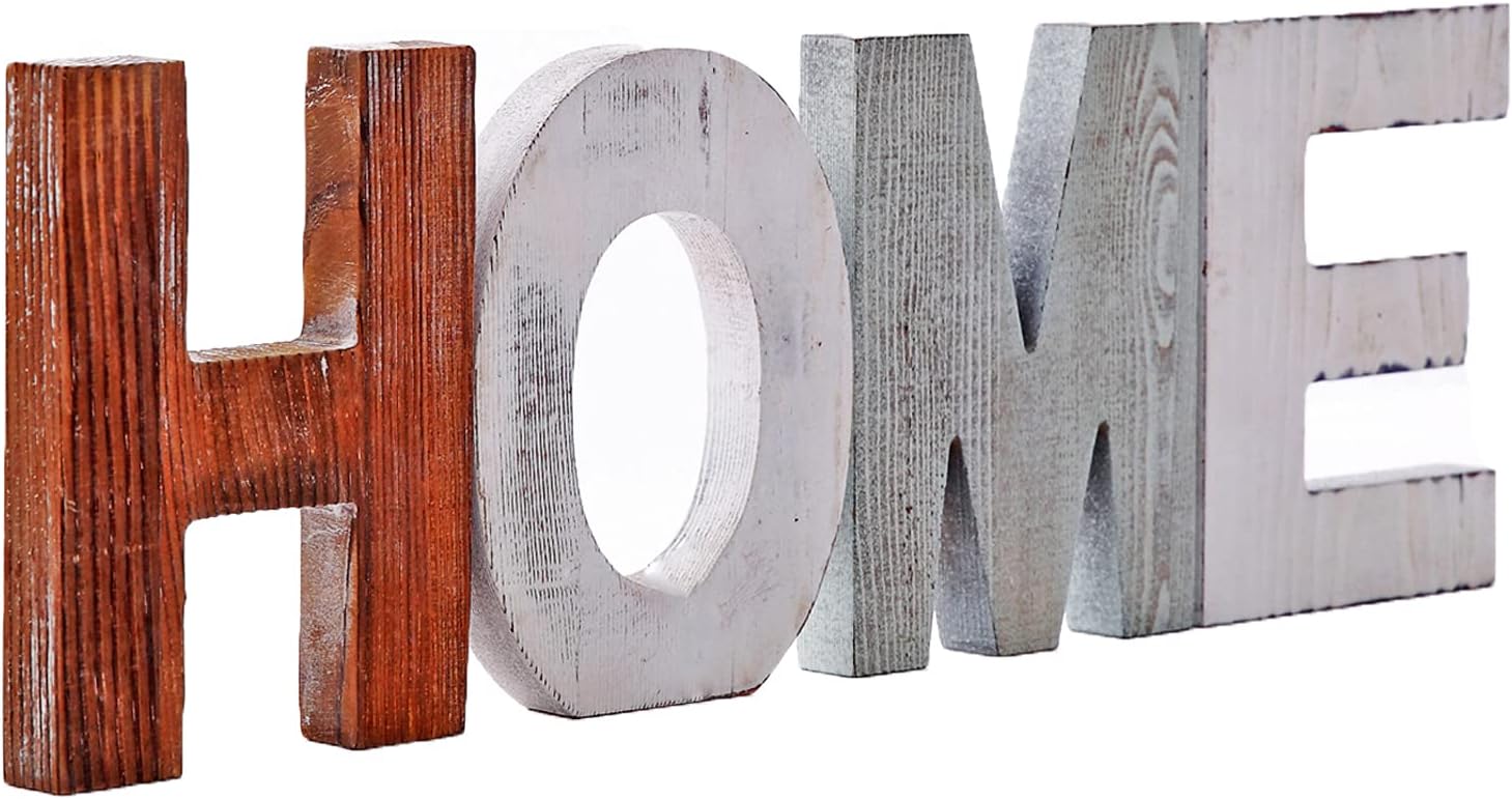 Wood Home Sign Decorative Wooden Block Word Signs, Freestanding Dual Purpose On Wall and Desk Wooden Cutout Letters, Home Decoration for Living Room