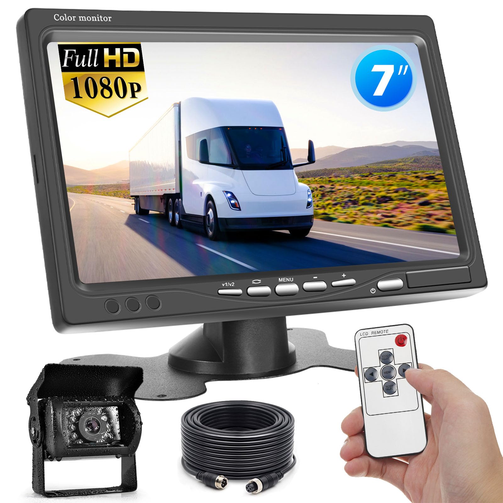 Photo 1 of Hikity Vehicle Backup Camera 7" Monitor Kit, 18 IR Night Vision Waterproof Rear View Camera Reverse Monitor for RVs,Bus, Trailer, Truck (65ft 4 Pins Aviation Extension Cable)