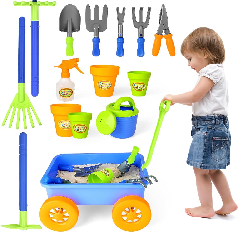 deAO Pull Along Kids Wagon Wheelbarrow Garden Play Set with 10 Accessories