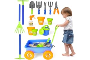 deAO Kids Garden Wagon Wheelbarrow and Gardening Tools Play Set Includes 10 Accessories and 4 Plant Pots,Great Outdoor Toddler Toys Kids Gardening Set