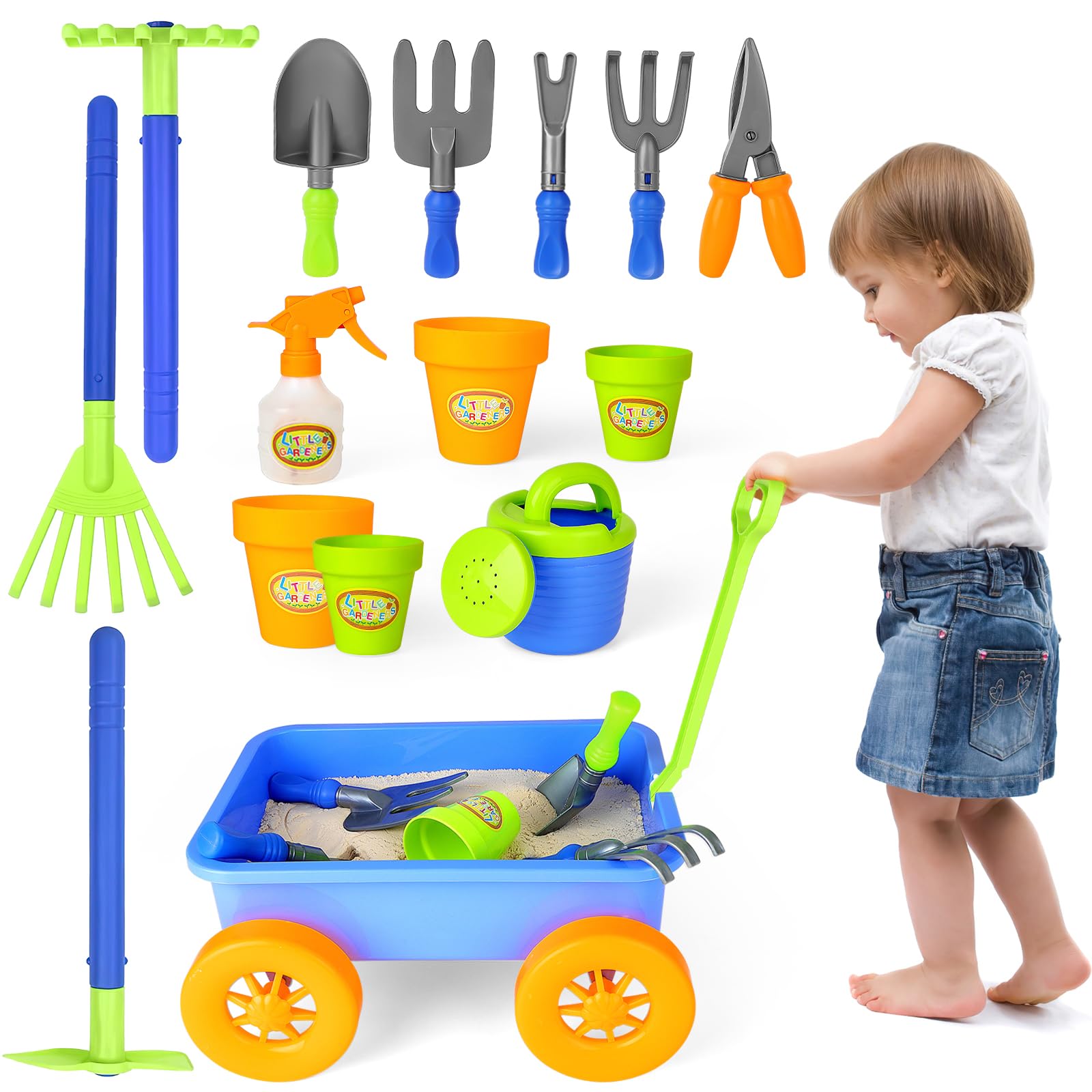 deAO Pull along Kids Wagon Wheelbarrow and Gardening Tools Play Set Includes 10 Accessories and 4 Plant Pots — image 1