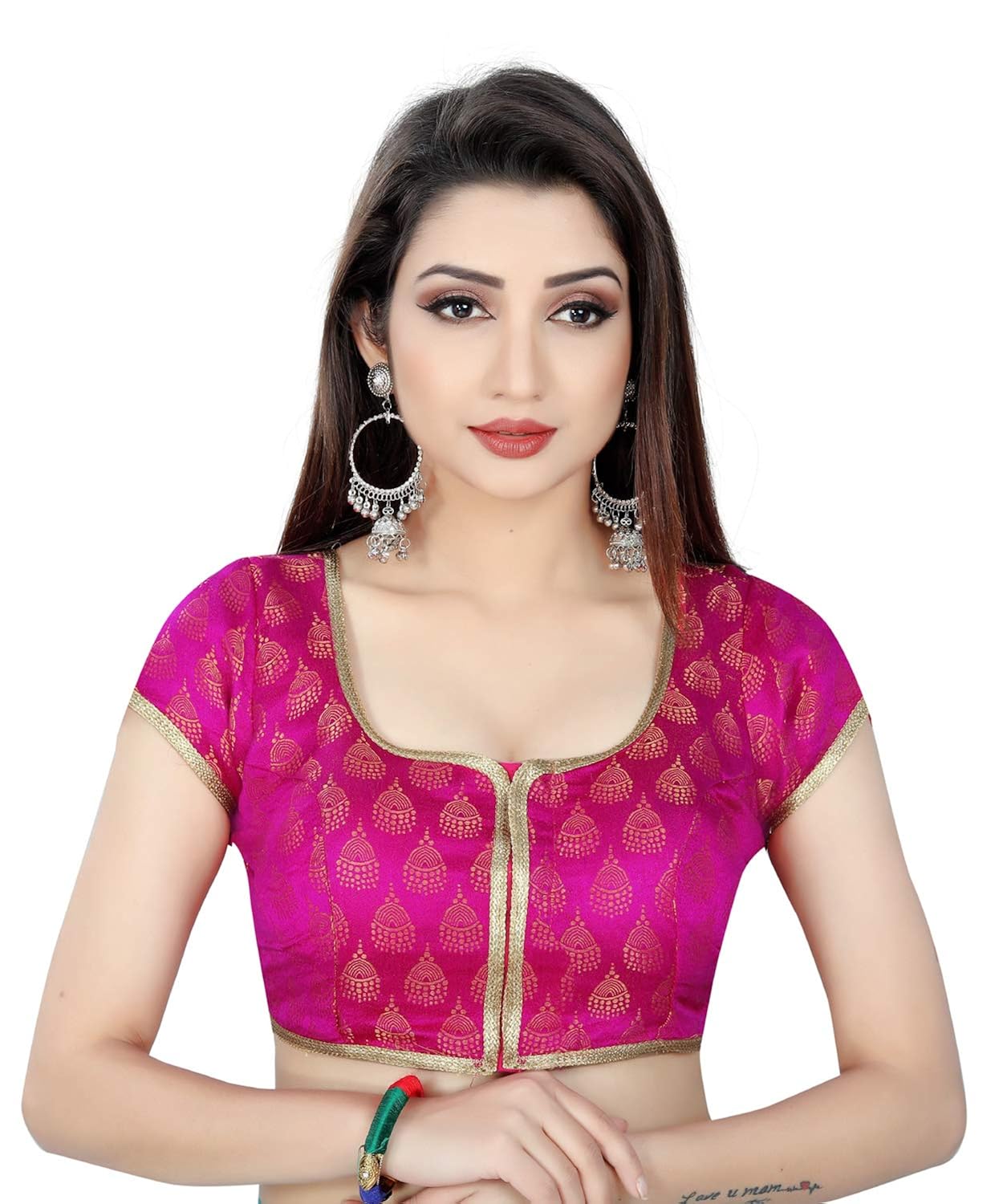 spangel fashion pink jhumki pattern round neck women's ready made saree's blouse
