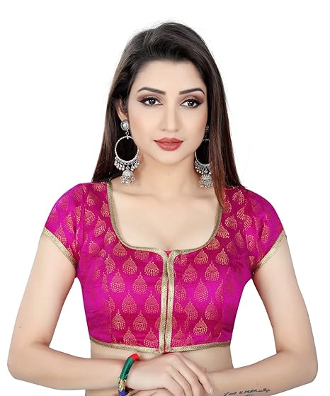 Women's Brocade and Georgette Stitched Saree Blouse (Pink, Medium)