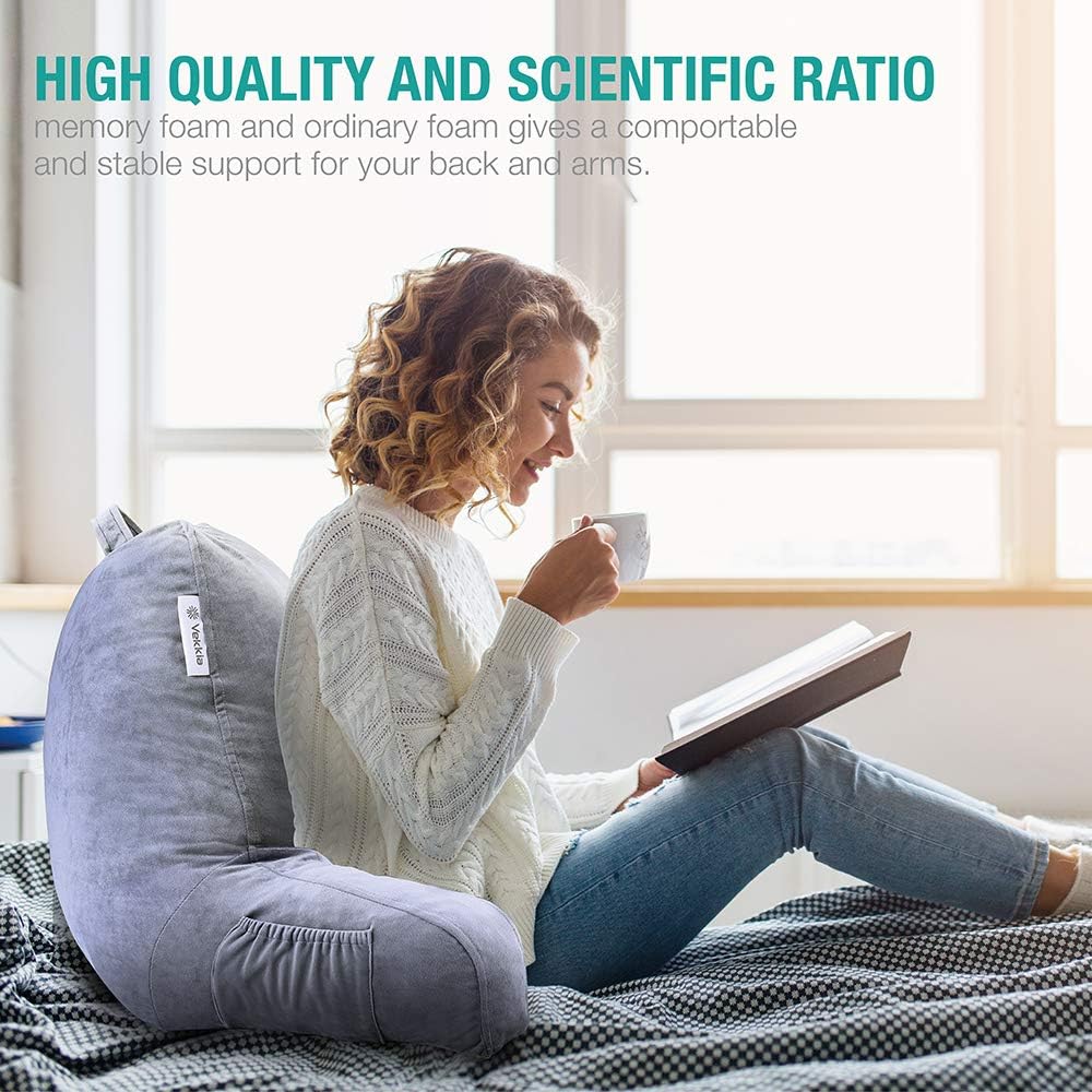Vekkia Reading & Bed Rest Pillow with Support Arms, Pockets, Memory Foam. Perfect Back Support Cushion for Adults Reading/Watching TV/Sitting Up in Bed – Extra Foams Incl. Customize Softness-18: Home & Kitchen