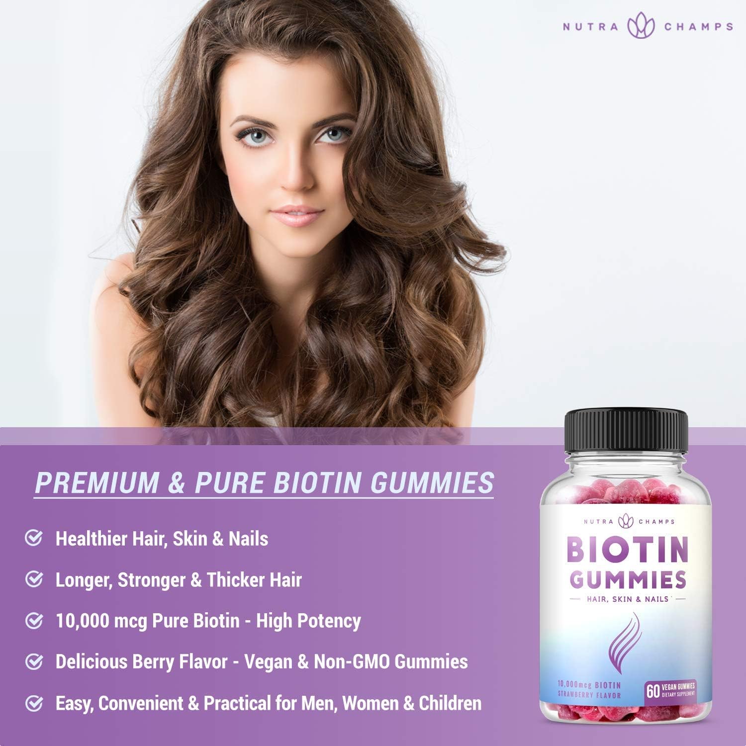 Biotin Gummies 10,000mcg [Highest Potency] for Healthy Hair, Skin & Nails for Adults & Kids - 5000mcg in Each Gummy Vitamin - Vegan, Non-GMO, Pectin-Based Hair Growth Supplement: Health & Personal Care