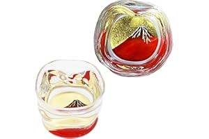 Kasyou Studio Red Fuji Sake Cup (Natural curl Shape) Glass (Kanazawa Gold Foil, Gift Box), Made in Japan, Japanese Sake Cup S