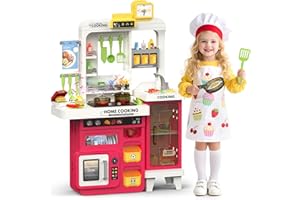 Easface Kids Kitchen Playset, 68 PCS Toddler Kitchen Playset for Toddlers 1-3 3-5, 32.2IN Play Kitchen with Spraying, Light & Sound, Cooking Stove, Play Sink, Oven and Toy Kitchen Accessories (Red)