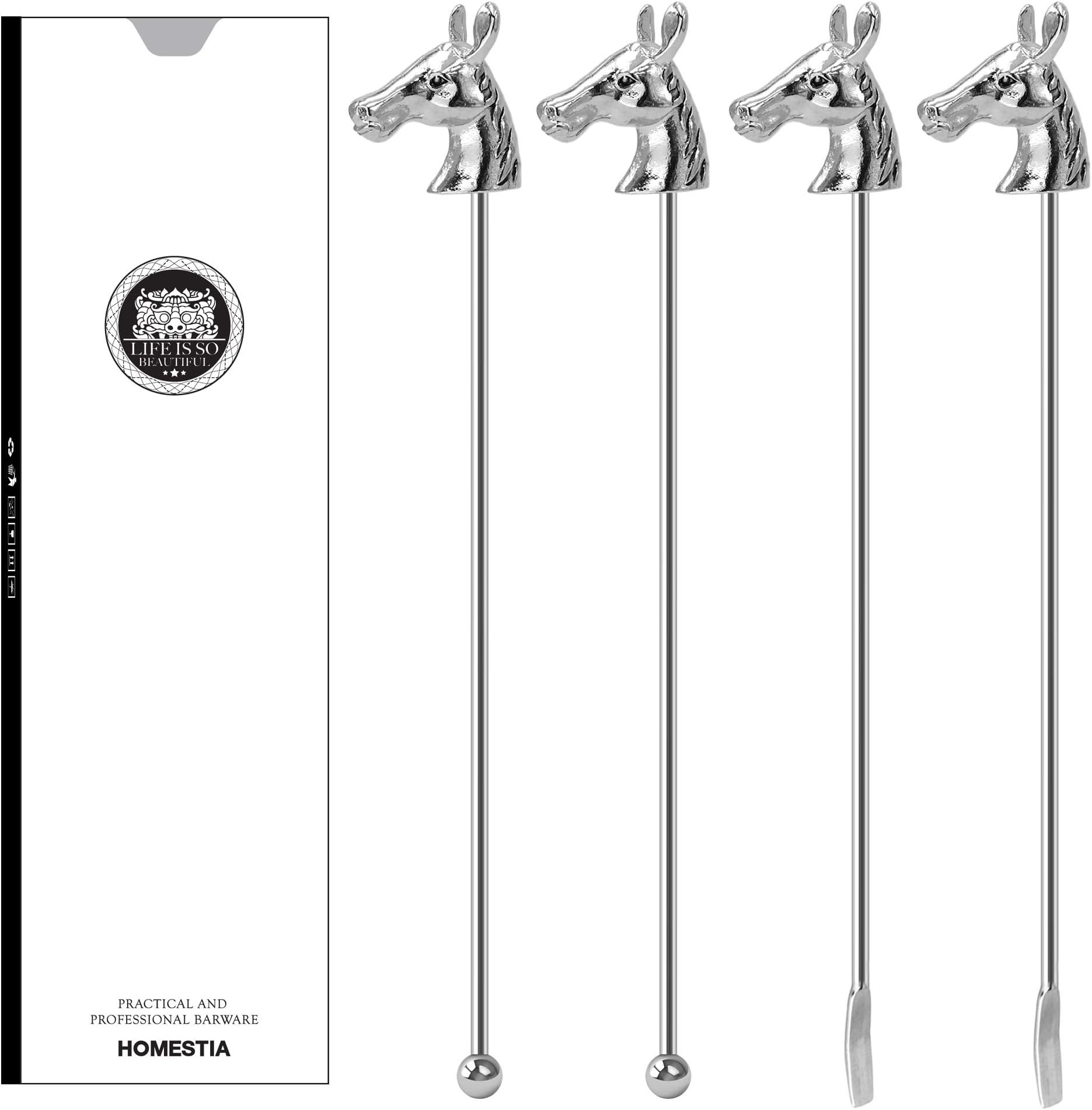 8" Coffee Beverage Stirrers Swizzle Sticks Stainless Steel Reusable with Paddle and Ball Horse Cocktail Stirrers by Homestia Set of 4