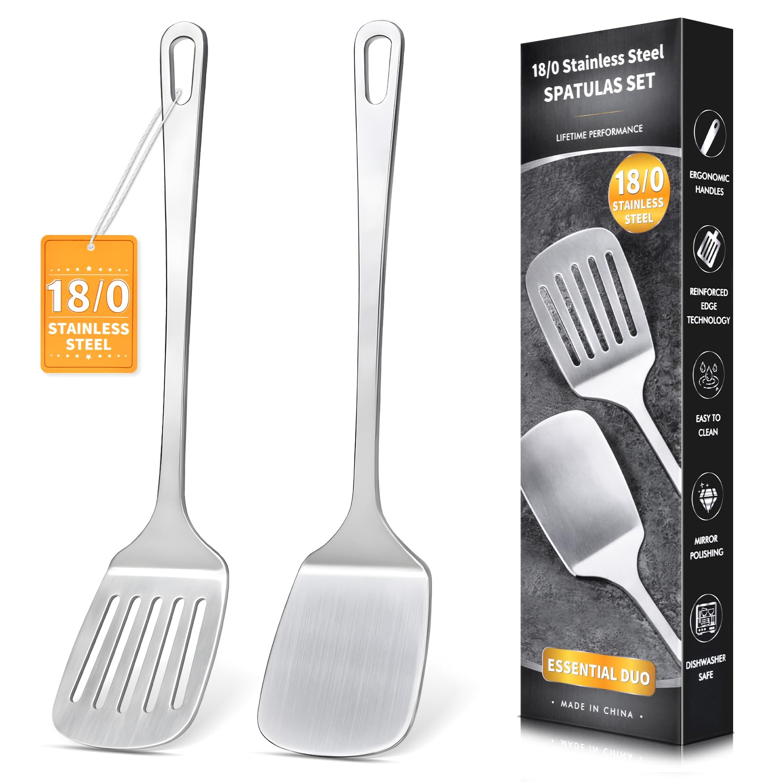Photo 1 of 2 Pcs Stainless Steel Spatulas Set, Metal Spatula Solid & Slotted Turner, Heavy Duty Sturdy Spatula for Kitchen Use, High Heat Resistant Cooking Utensils for Fish Eggs Pancakes, Easy to Clean, Silver