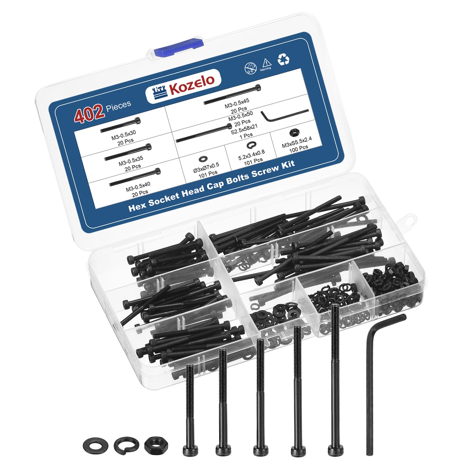 Kozelo 402pcs M3 Socket Head Cap Screws Bolts Nuts Assortment Kit - [M3x30/35/40/45/50mm] Alloy Steel Fully Threaded Black Oxide 12.9 Internal Hex Screw for 3D Printer Use, with Wrench — image 1