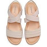 Saidoteto Women's Flat Sandals,Comfortable Elastic Ankle Strap Slingback Slip-On Open Toe Low Wedge Walking Sandals for Summer & Casual