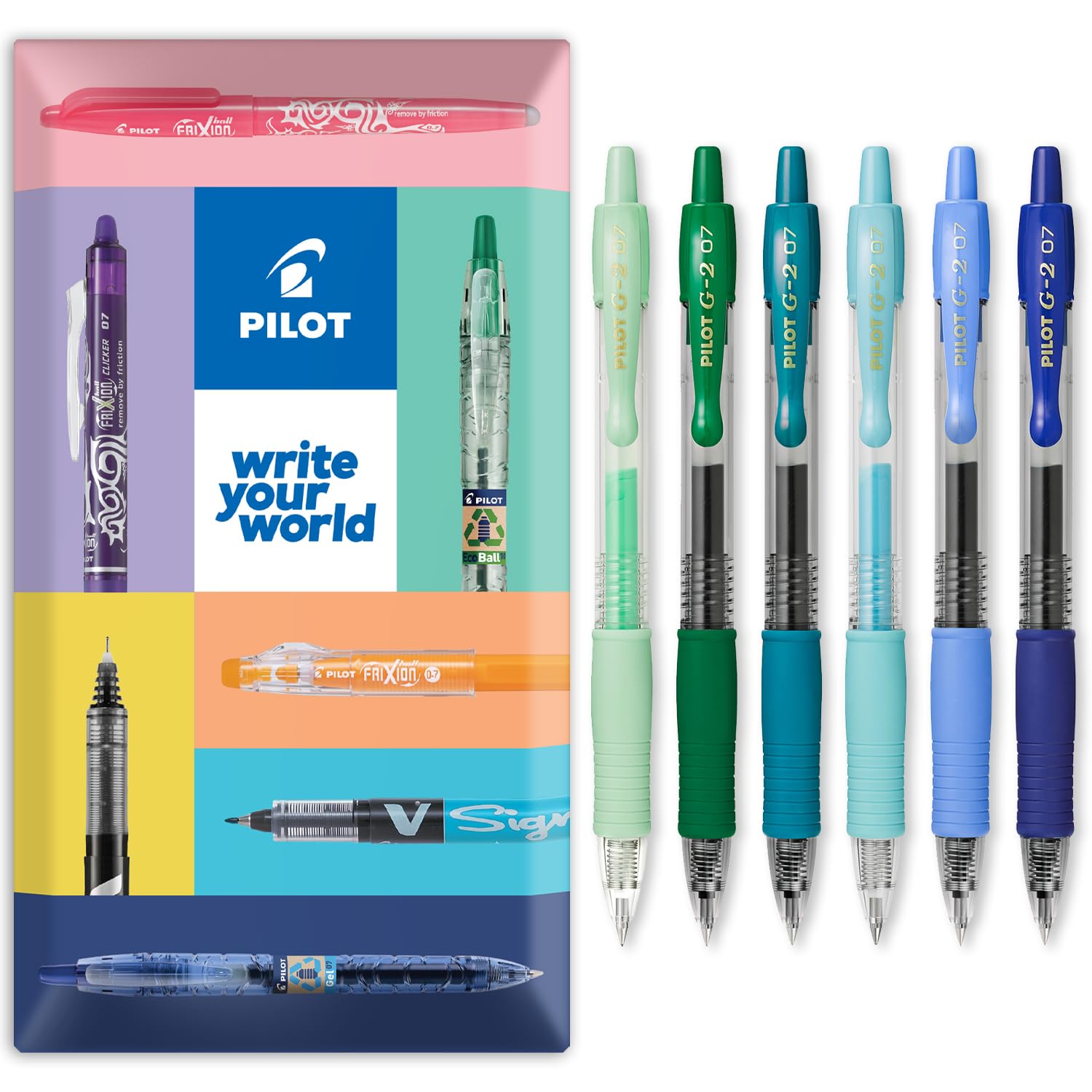 PILOT G-2 Retractable Gel Ink Rollerball Pens - 0.7mm Nib Tip - In Envelope Gift Packaging - Pack Set of 6 - Blue Green Tones