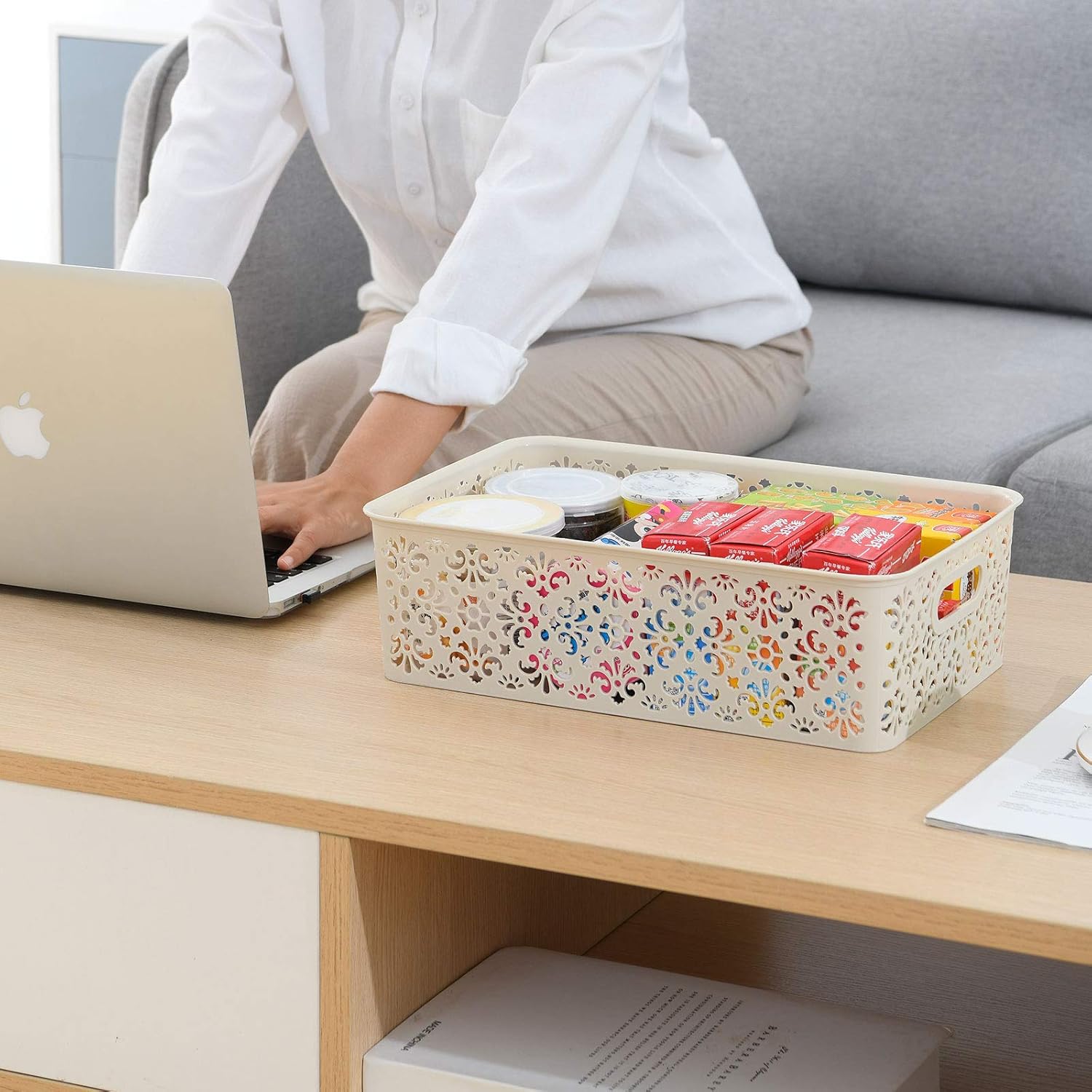ANMINY Plastic Storage Baskets Set with Handles Removable Lids Stackable Lidded Bins Boxes Home Kitchen Cubes Closet Shelf Organizer Containers Weave Hollow Design 1 Large 1 Medium 2 Small - Beige: Home & Kitchen