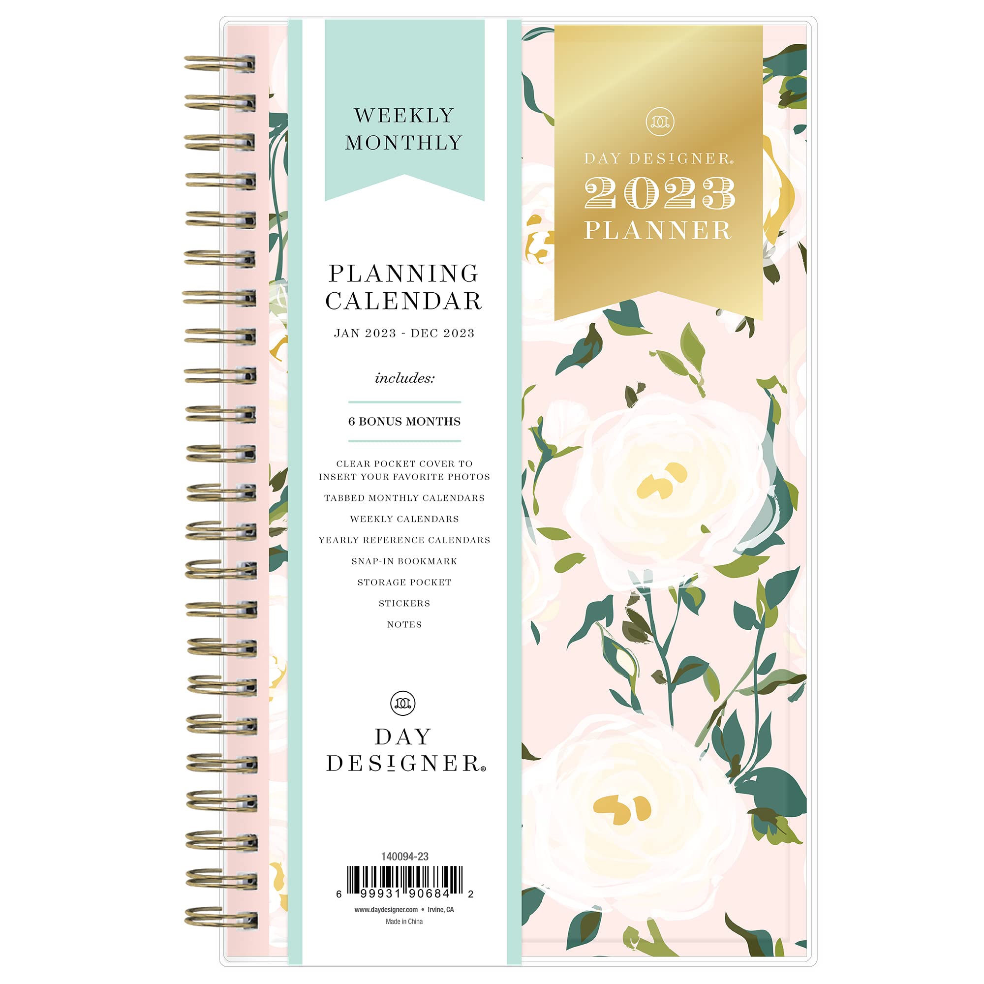 Blue Sky Day Designer for Blue Sky 2023 Weekly and Monthly Planner, 5" x 8", Clear Pocket Cover, Wirebound, Coming Up Roses (140094-23)