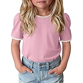 LessonZoo Girls Puff Short Sleeve Shirts Lace Crewneck Lettuce Trim Top Kids Tween Comfy Summer Cute Toddler Uniform Tee