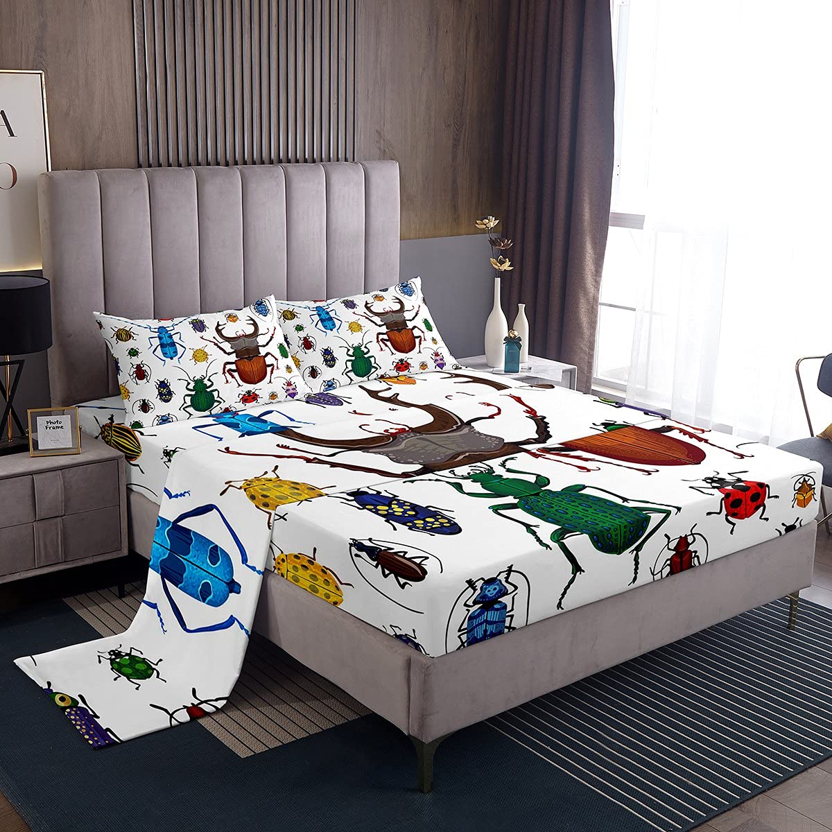 Loussiesd Kid's Sheets Set Double Size Cute Cartoon Bug Flying Insects Pattern Bed Sheet Set Soft Breathable Colorful Beetle Sheets Boys Bedding Set (1 Flat Sheet + 1 Fitted Sheet +2 Pillow Case)