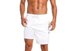 SILKWORLD Mens Swimming Trunks with Compression Liner Bathing Suit Quick-Dry Swim Shorts with Zipper Side Pockets