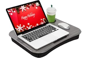 LAPGEAR Cup Holder Lap Desk with Device Ledge - Gray Woodgrain - Fits up to 14 Inch Laptops - Style No. 46325