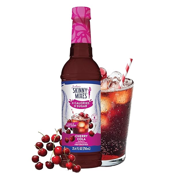 JORDAN’S SKINNY MIXES SUGAR FREE SYRUP, CHERRY COLA FLAVOR, FRUIT FLAVORED WATER ENHANCER, DRINK MIX FOR ICED TEA, LEMONADE, DRINKS, LOW CALORIE WATER FLAVORING, DAIRY & GLUTEN FREE KOSHER, 25.4 FL OZ