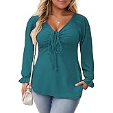 VISLILY Womens-Plus-Size-Tops Dressy V Neck Puff Ruffle Sleeve T Shirts Trendy Eyelet Blouses Casual Drawstring Loose Tunics