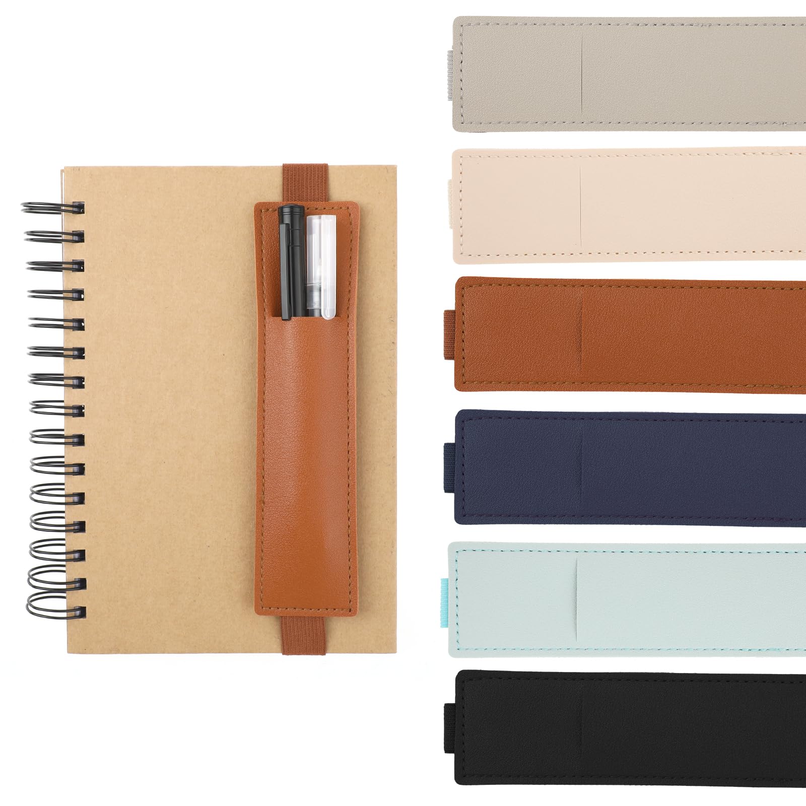 simarro 6pcs Adjustable Pen Holder Elastic Band, Detachable PU Leather Pen Sleeve Pouch Journal Pencil Holder for Notebook, Planners, Binders, and Books (6 Colors, Double Pack)