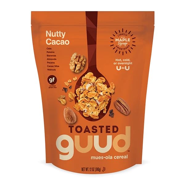 GUUD NUTTY CACAO TOASTED MUESOLA CEREAL, 12 OUNCE, SLIGHTLY SWEET MUESLI, GLUTEN FREE, OATS, RAISINS, BANANAS, ALMONDS, PECANS, CACAO NIBS, WALNUTS, VEGAN, NON-GMO CERTIFIED, KOSHER