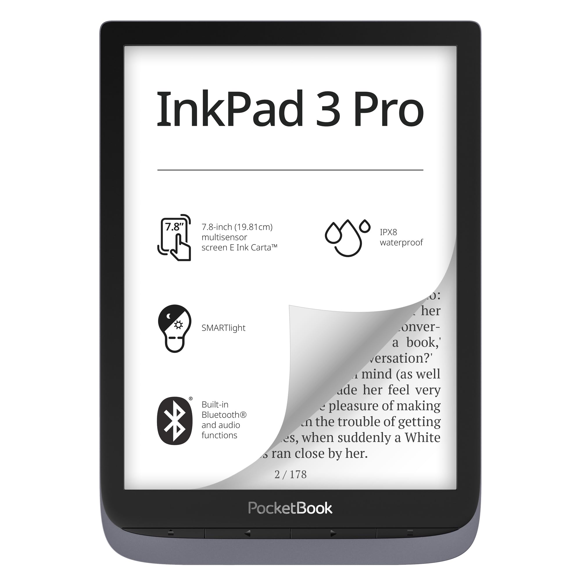 PocketBook InkPad 3 Pro | E-Reader IPX8 Waterproof | Large 7.8? Glare-Free & Eye-Friendly E-Ink Screen | Text-to-Speech Function | Audio Output & Bluetooth | Audiobook & E-Book Reader | SMARTlight