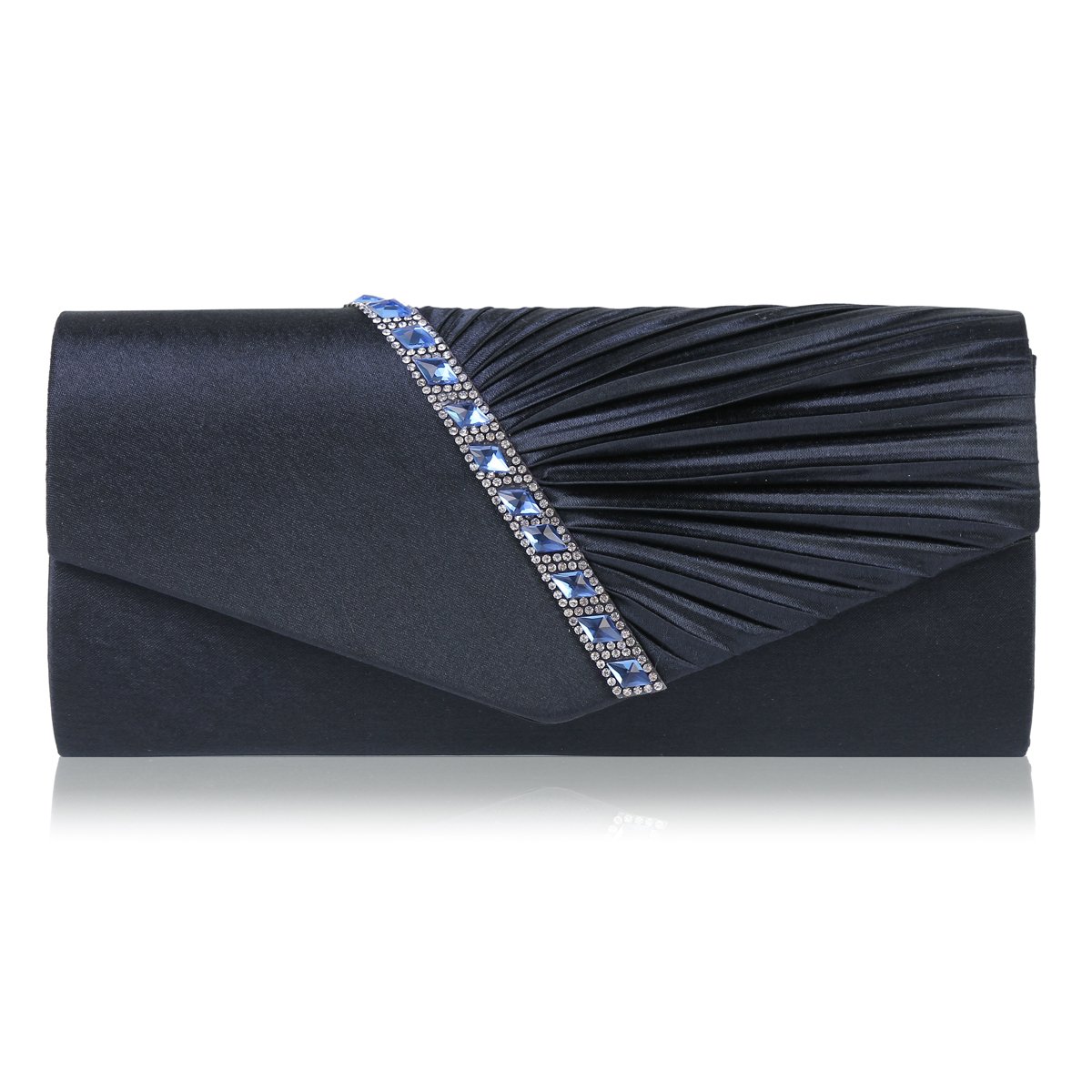 Damara Womens Pleated Crystal-Studded Satin Handbag Evening Clutch,Navy Blue(Size:L)