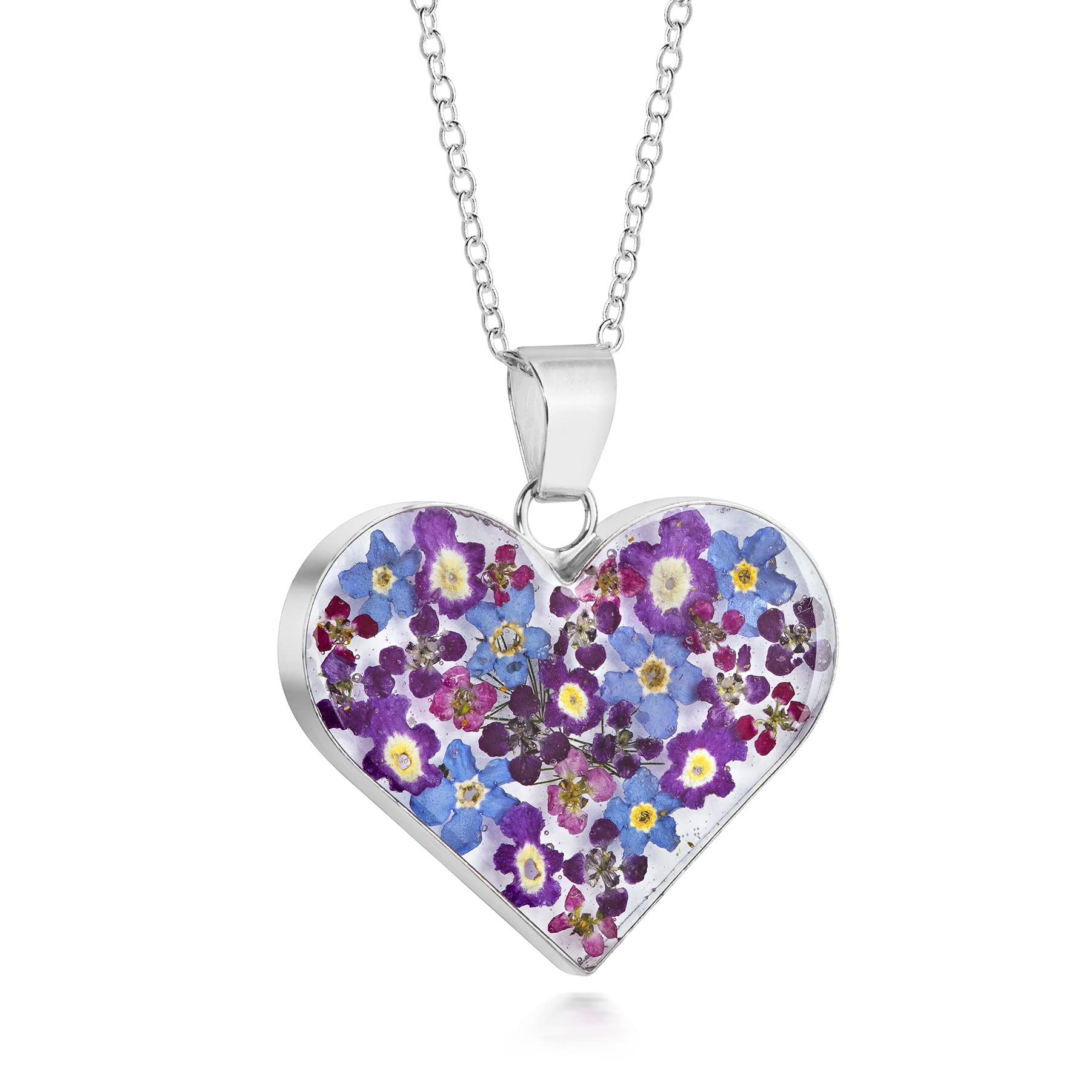 Natural Flower Jewellery Sterling Silver Large Heart Pendant Made with Real Purple Mix Flowers