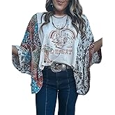 Pinclodly Graphic Tees for Women Boho 3/4 Dolman Sleeve Tops Floral Print Ponchos Crewneck Batwing Tops Loose Western Shirts