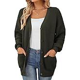 QUALFORT Cardigan Sweaters for Women 100% Cotton Button-Down Oversized Knit Cardigans with Pockets for Fall Winter Trendy