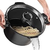 8.5qt Pasta Pot with Strainer Lid, Cast Aluminum Stockpot Multipot, Nonstick Ceramic Coating make Cleanup easy with Tempered Glass Lid, Dishwasher Safe, Induction, Black (Black, 8.5 Quarts)