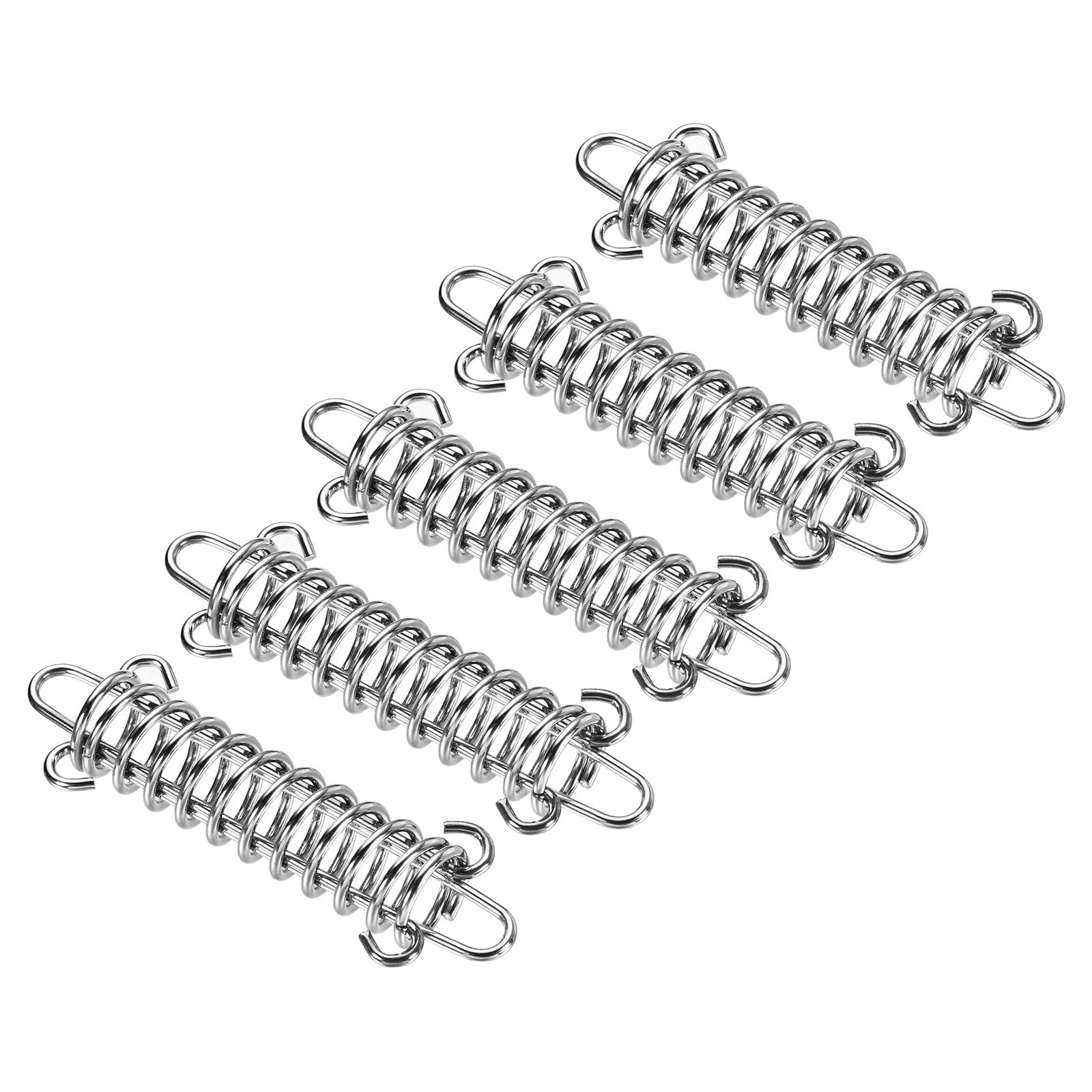 M METERXITY 5 Pack Tent Spring Buckle - Windproof Stainless Steel Rope Tensioner Awning Spring Hook, Apply to Camping Hiking (90x30mm, Silver Tone)