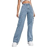 Haloumoning Girls Jeans Denim Elastic High Waisted Wide Leg Baggy Cargo Pants with Pockets 5-14 Years