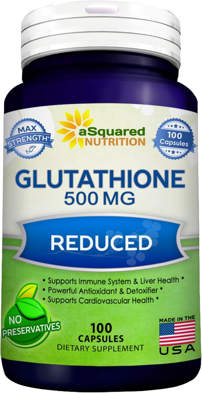 Reduced Glutathione 500mg Supplement - 100 Capsules - Max Strength L-Glutathione Powder Pills to Help Immune & Brain Function - L Glutathione (GSH) Antioxidant Vitamin Support Liver Health Detox