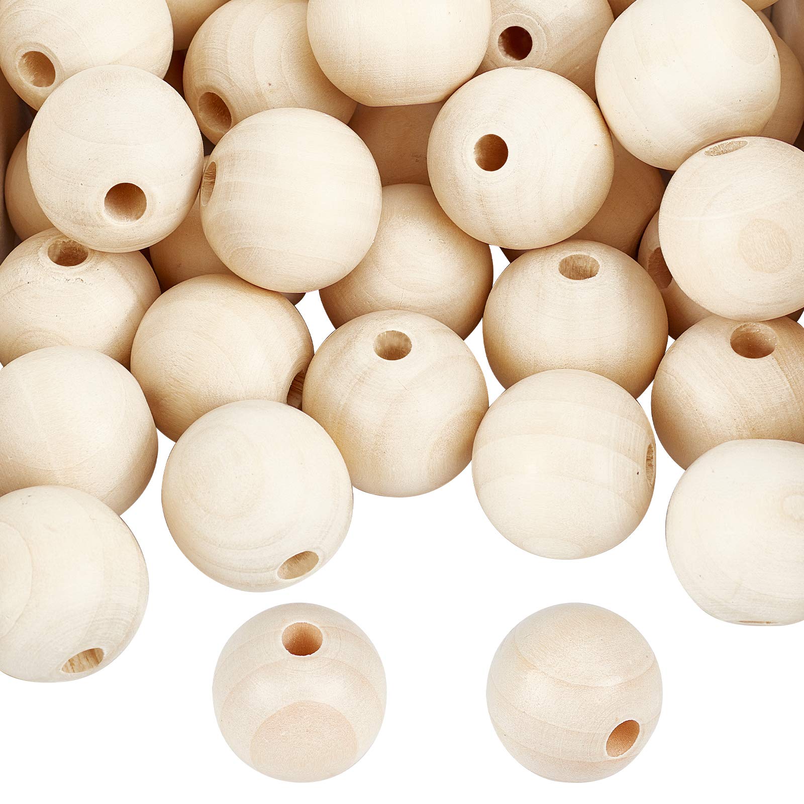 PH PandaHall 50pcs Natural Wood Beads 30mm Unfinished Wooden Ball Bead Loose Spacer Bead Hair Beads for Macrame Garland Braided Hair Bracelet Necklace Doll Head Pendant Jewellery Making DIY, 7mm Hole